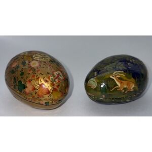 2 Vintage Hand-Painted Paper Mache Egg Shape Trinket Boxes-1:Antelopes2:Flowers